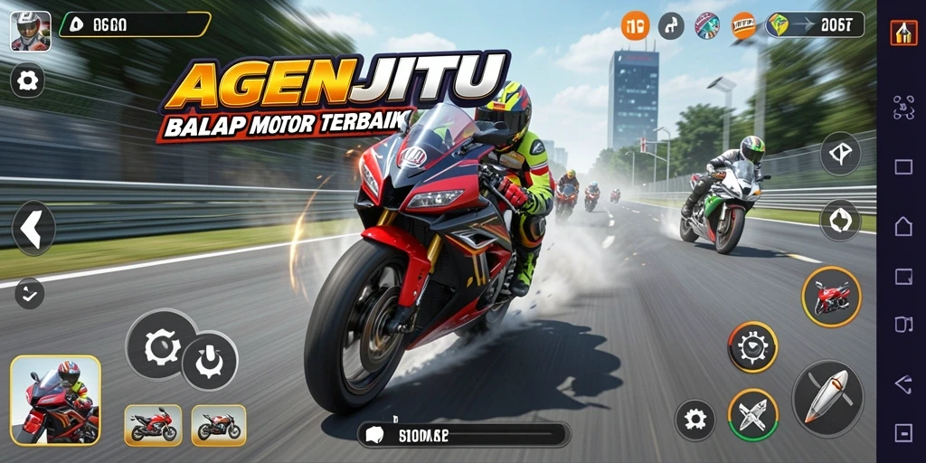 Screenshot gameplay AGENJITU menunjukkan balapan motor yang mendebarkan.