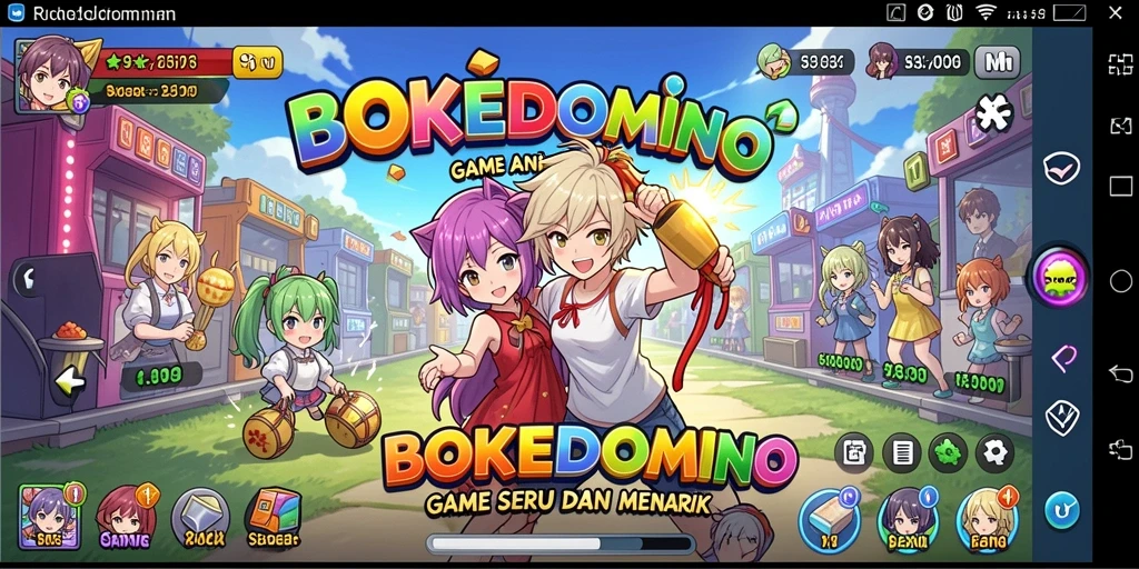 Tampilan gameplay seru dalam BOKEDOMINO dengan karakter anime menarik.