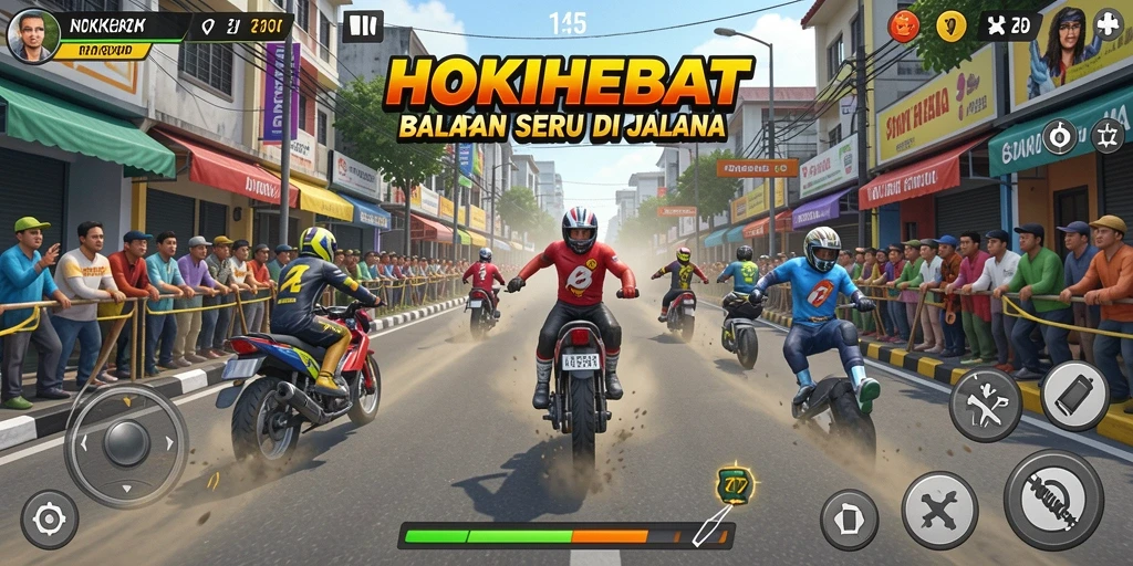 Tampilan gameplay mendebarkan HOKIHEBAT saat balapan di jalanan yang menantang.