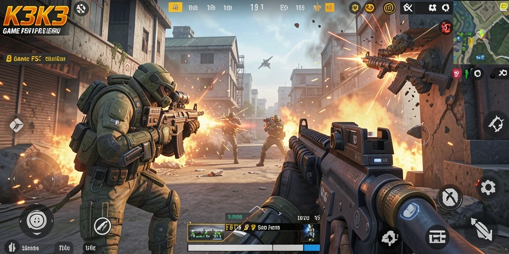 Tangkapan layar gameplay K3K3 yang mendebarkan dengan aksi FPS.