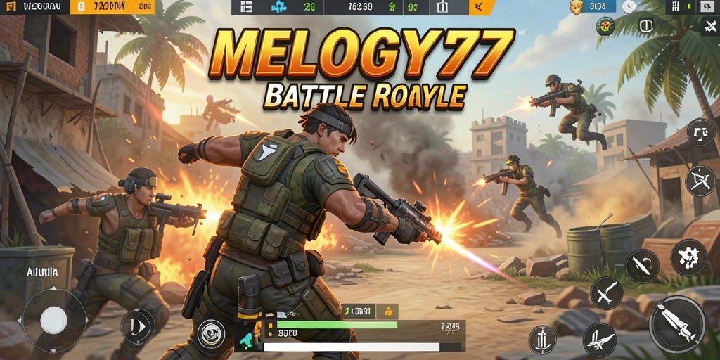 Screenshot utama dari <strong>MELODY77</strong> menunjukkan intensitas pertempuran dalam gameplay Battle Royale.