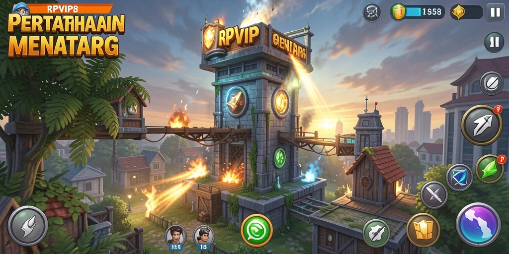 Screenshot RPVIP8 menampilkan aksi intens dalam pertahanan menara.